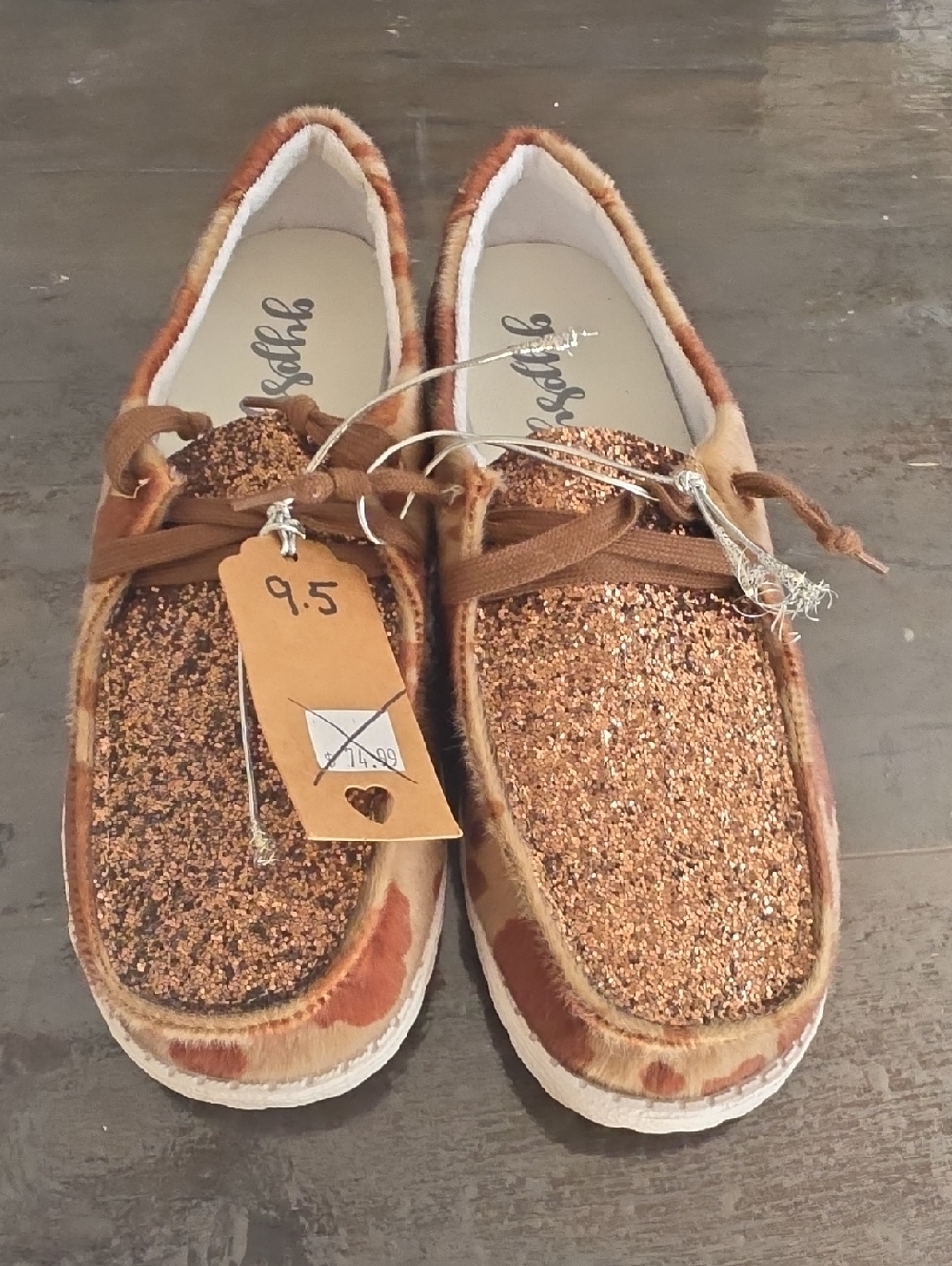 (9.5) NWT Gypsy Jazz Glitter Brown Slip-On Sneakers Faux Cowhide Country Rodeo